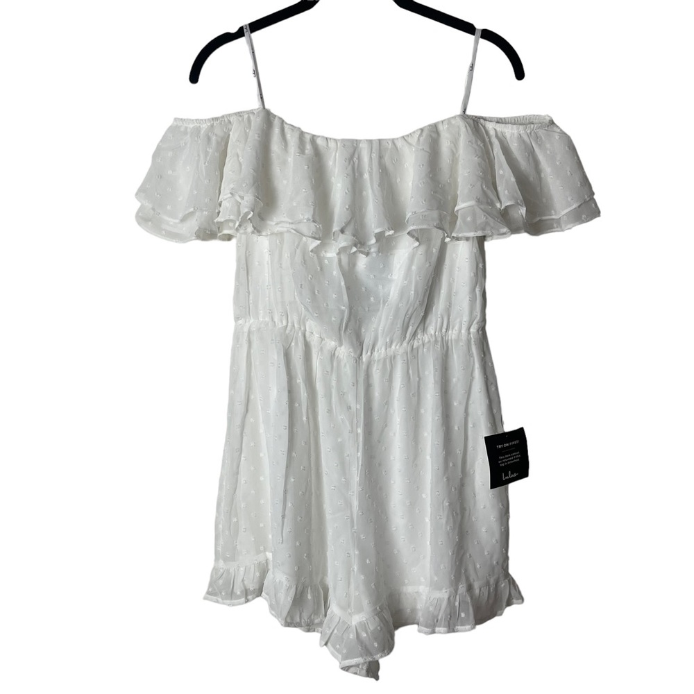 LULU’S Women’s White Off the Shoulder Romper Size M Polka Dot Bridal Casual Boho